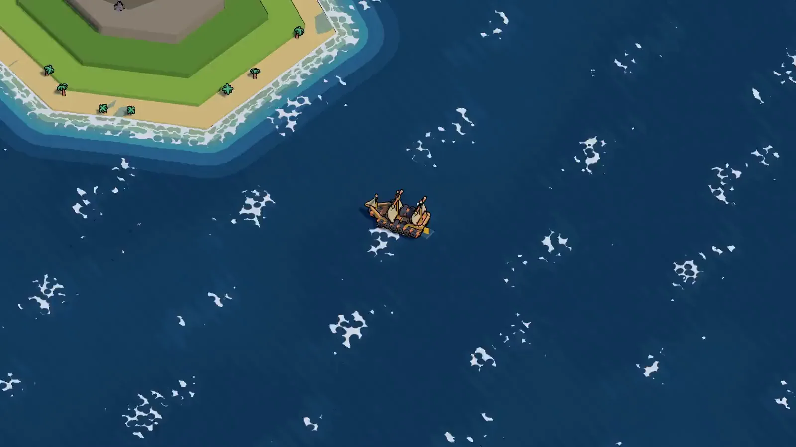 A sloop under full sail between palm-topped islands, drawn in bold colours with dark ink outlines
