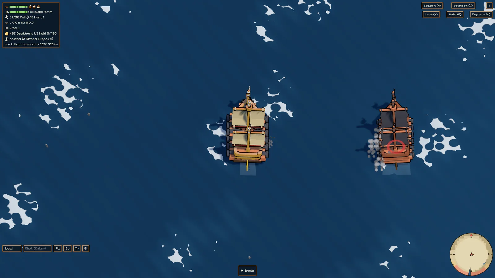 Two ships trading broadsides, with smoke and splashes around their outlined hulls