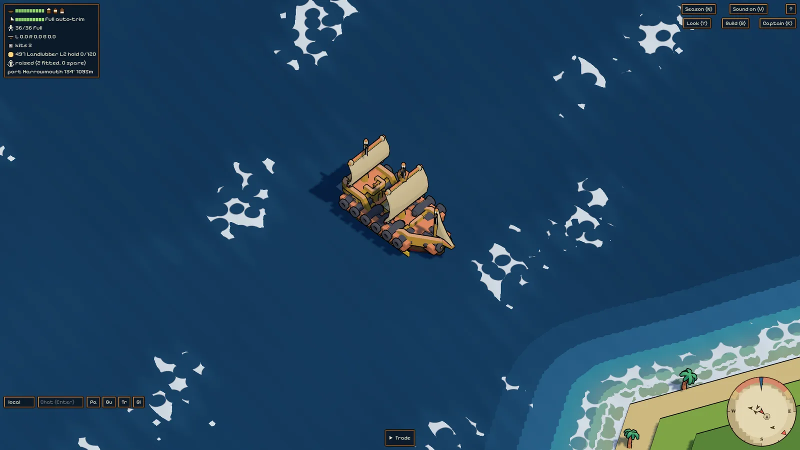 A sloop sailing past a palm island at golden hour, with bold colours and ink outlines